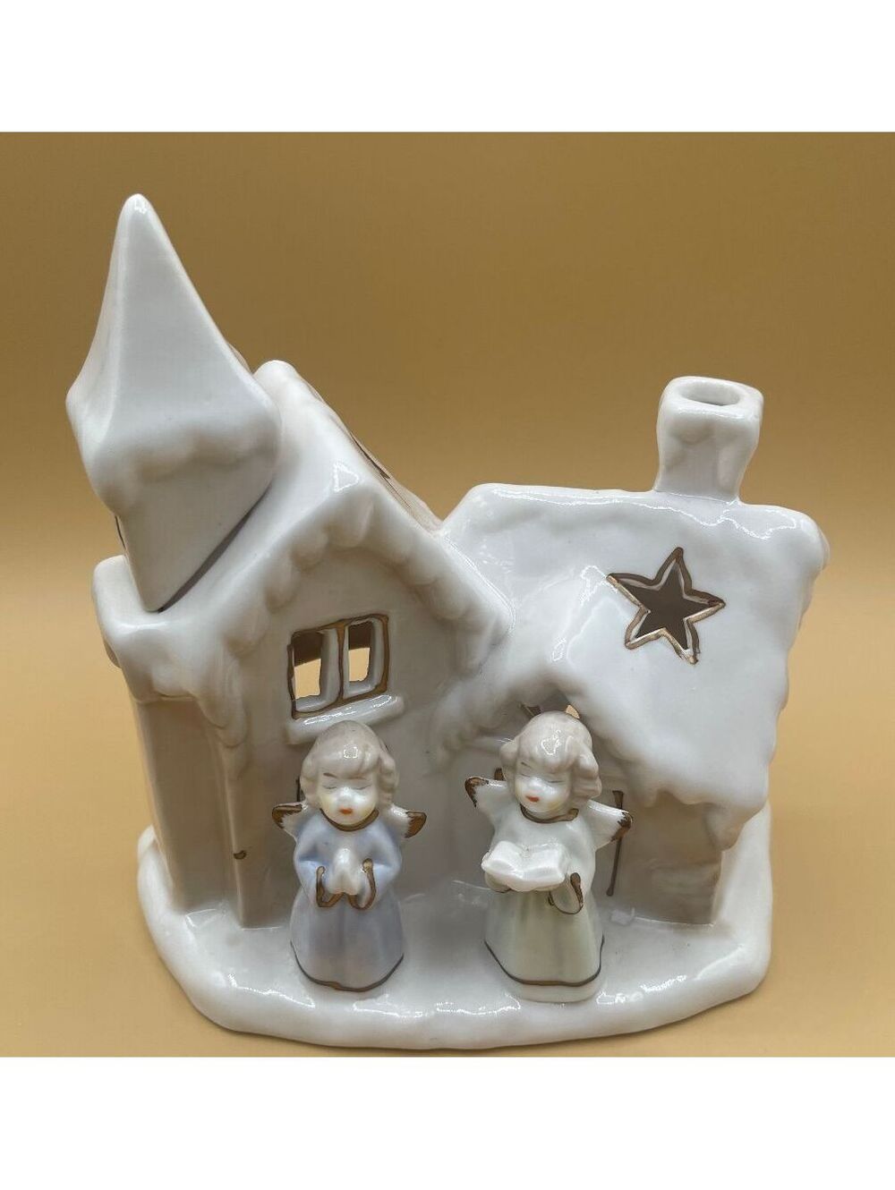 Vintage Ceramic Christmas Village House with Angels Figurines-Holds 2 Tealights